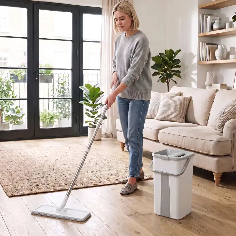 Mop and bucket set with wringer bucket and swivel flat mop head for floor cleaning
