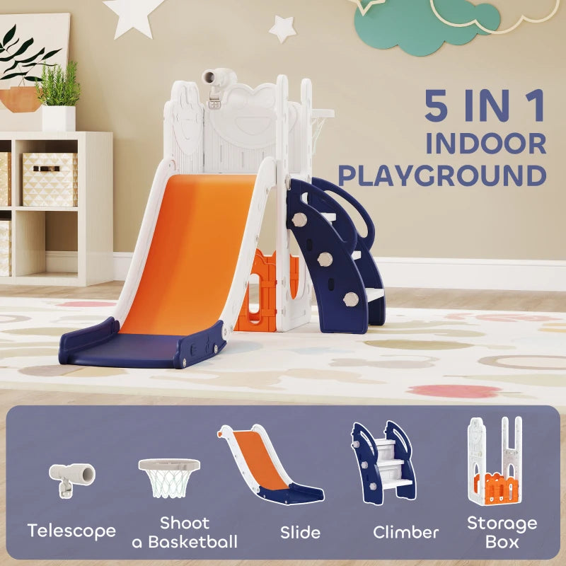 Kids 5-in-1 indoor slide set with orange slide, navy climber, and basketball hoop