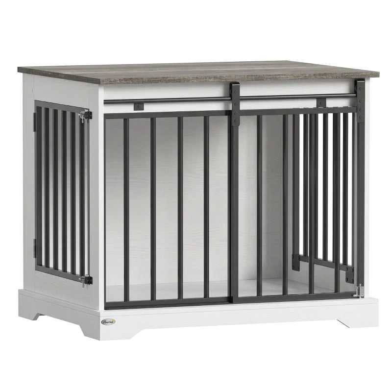 White dog crate furniture with black metal bars and sliding barn doors, rectangular frame