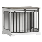 White dog crate furniture with black metal bars and sliding barn doors, rectangular frame