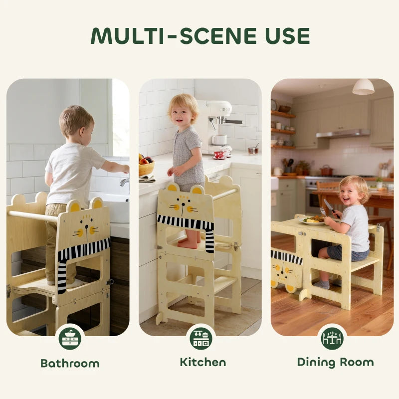Cat-shaped natural wood toddler step stool tower with chalkboard and three step treads