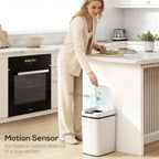 White automatic kitchen sensor bin with open lid and black control strip
