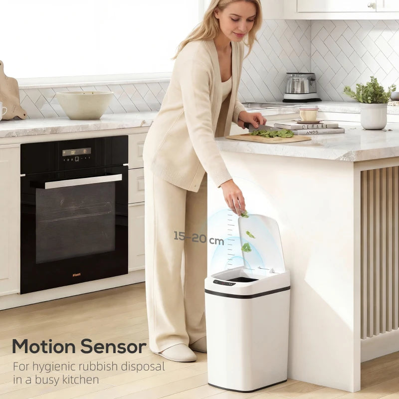 White automatic kitchen sensor bin with open lid and black control strip