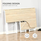 Folding L-shaped corner desk with oak-tone panel and two-tier shelf, space-saving design