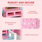 Pink wooden dollhouse with smooth edges, stable structure, and refined painted finish