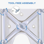 White bath stool chair undercarriage detail with cross-brace support and metal fasteners