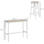 Bar table and stool set showing overall measurements for the tabletop and stool height.