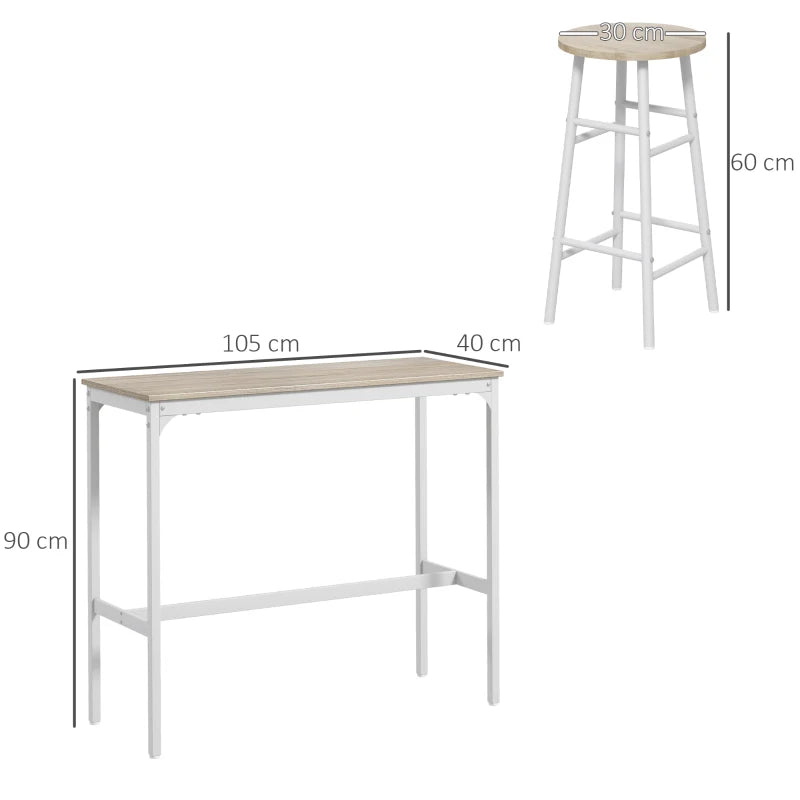 Bar table and stool set showing overall measurements for the tabletop and stool height.