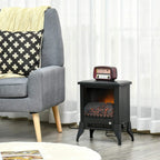 Black electric fireplace stove heater with glowing firebox and side control knob
