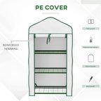 White three-tier mini greenhouse with green-framed PE cover and three wire shelves, front view