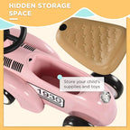Pink ride-on car with open beige under-seat storage compartment
