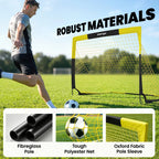Yellow football goal with white net and black frame, robust materials callout