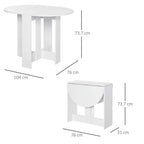 White round drop-leaf table shown with size measurements for folded and open leaves