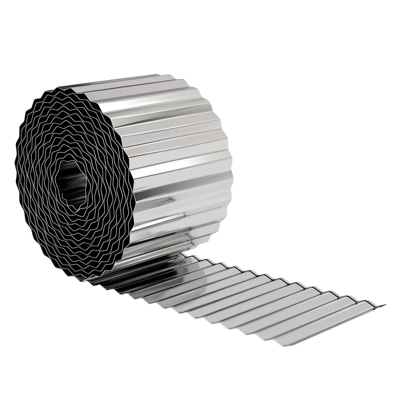 Silver corrugated galvanized steel edging roll with serrated top edge, coiled for installation