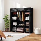 Black fabric wardrobe with hanging rail, shelves, and folded clothes inside