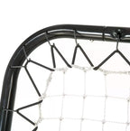 Black rebounder net goal rim with attached white mesh and cord loops