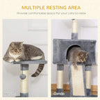 Grey cat tree with side perch, enclosed condo opening, and scratching ramp