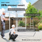 Outdoor metal garden shed assembly instruction graphic with workers and setup steps
