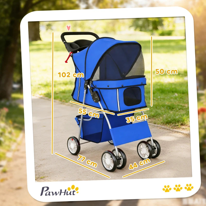 Blue foldable pet stroller with covered canopy, side mesh door, and four swivel wheels