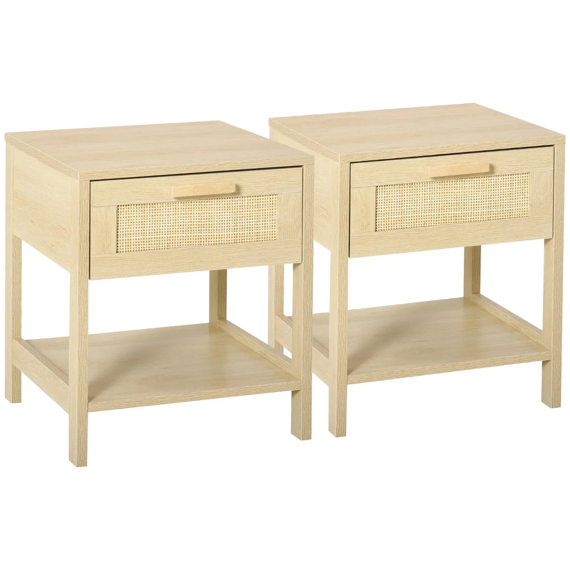 Bedside Table Set of 2 with Rattan Drawer, Rustic Side Tables with Storage Shelf for Bedroom, Living Room, Natural - Bobobiy