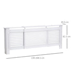 White extendable radiator cover cabinet with horizontal slat front, front view with dimensions