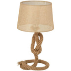 Beige fabric table lamp shade with twisted rope base and circular platform stand