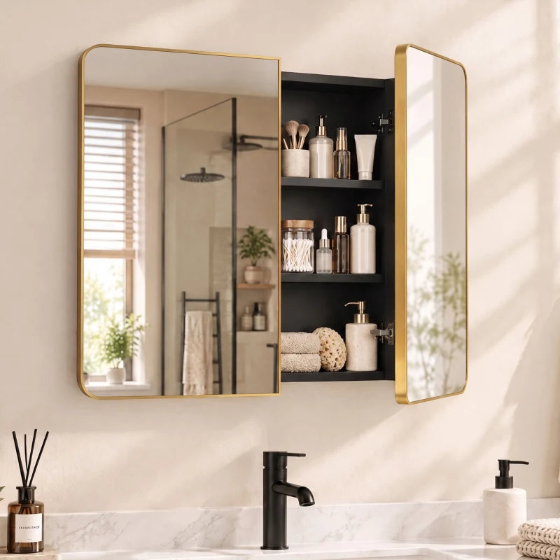 Gold-tone bathroom mirror cabinet with open mirrored door revealing bottles and shelves