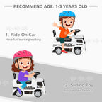 White toddler ride-on car with illustrated child using steering wheel for walking