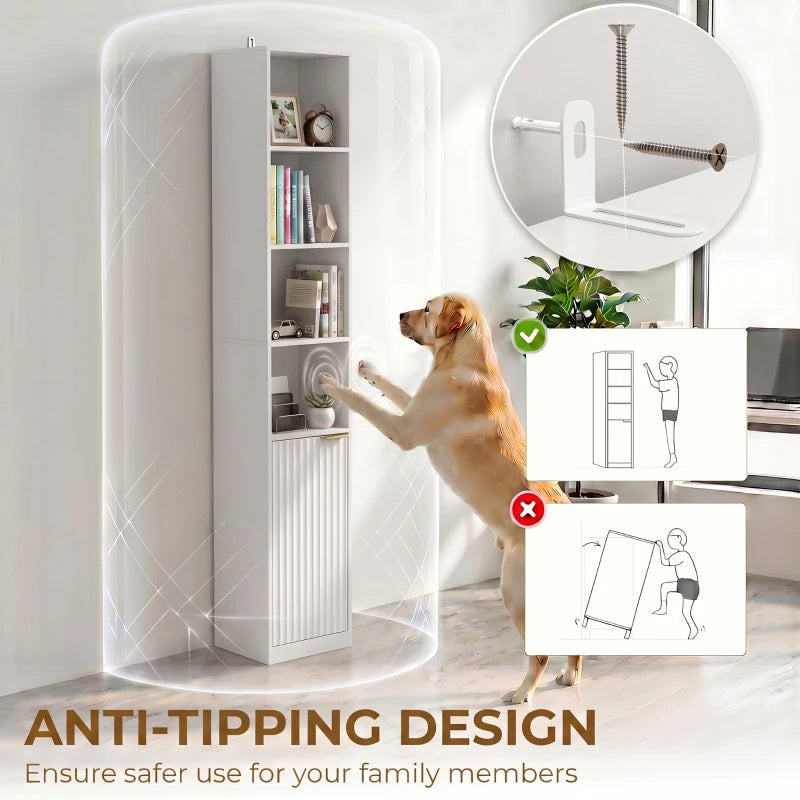 White wood-effect tall bookcase with open shelves and ribbed cabinet base
