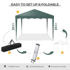 Green pop-up gazebo with foldable frame legs and included roller storage bag