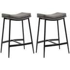 Set of 2 grey bar stools with curved seats and black steel footrest frames