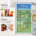 Grey fridge freezer open, freezer and cooler compartments visible behind clear doors