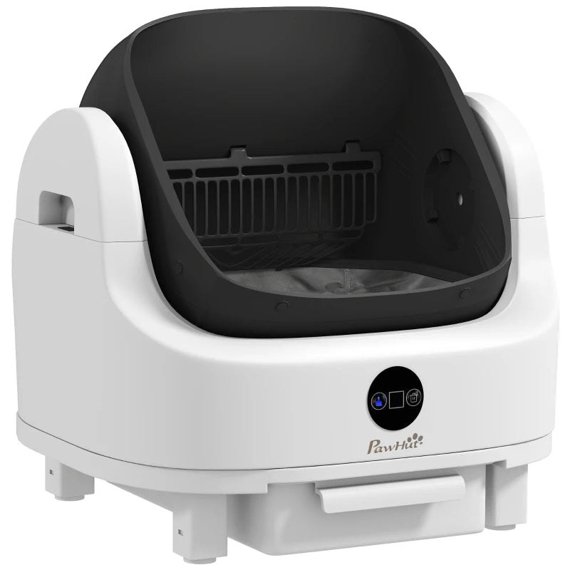 White automatic cat litter tray with black open top and PawHut logo on front panel.