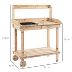 Natural wood potting bench with sink opening, drawer front, and 2-wheel base