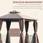 Brown hexagon gazebo canopy with side curtains and open balcony railings