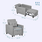 Light grey single chair bed with open bed frame and size dimensions diagram