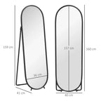 Black two-way curved full-length oval mirror shown from front with size markings.