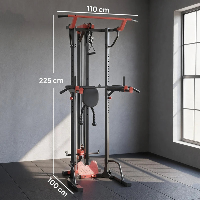 Adjustable power tower fitness station with pull-up bar and seat pad, black and red.