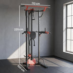 Adjustable power tower fitness station with pull-up bar and seat pad, black and red.