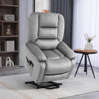 Grey velvet-look electric lift-and-recline massage armchair, reclined position