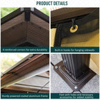 Brown aluminum gazebo frame corner details and built-in sidewall hooks