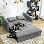 Light grey fabric sofa bed with storage, extended seat and decorative throw pillows