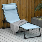 Baby blue folding sun lounger on outdoor deck with black steel frame and draped towel