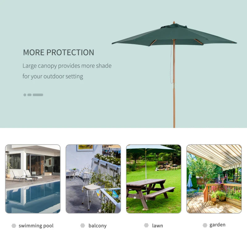 Green patio umbrella with text about protection and uses on a light blue background