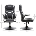 Black and white ergonomic gaming chair on round base, shown from front and side angles