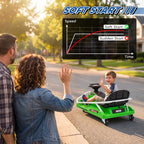 Green electric go-kart with black seat and steering wheel on driveway