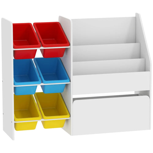 3-tier toy storage unit with 6 removable bins in red, blue, and yellow, open white shelf
