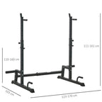 Adjustable black squat rack stand with multiple height holes and wide base