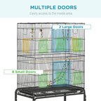 Black bird cage with two large doors and multiple small access openings