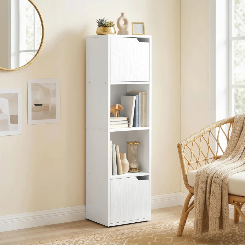 White slim vertical bookshelf with top and bottom doors and three open book compartments